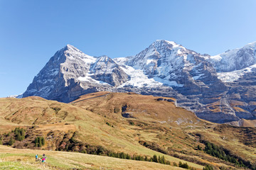 View of Eiger and Mönch (Moench) from train heading for Kleine Scheidegg, Jungfrau Region,...