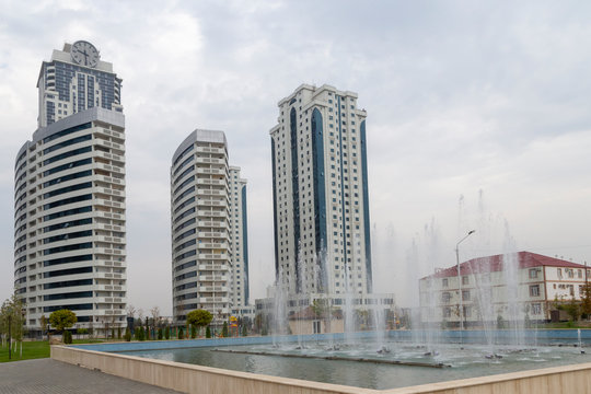 View of the fountain and skyscrapers complex Grozny City