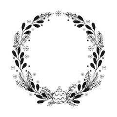 Hand drawn winter Holiday wreath. A template of greeting card design, Christmas invitation, and banner.