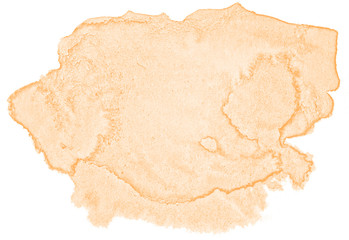 Fototapeta premium Light orange watercolor hand-drawn isolated wash stain on white background for text, design. Abstract texture made by brush for wallpaper, label.