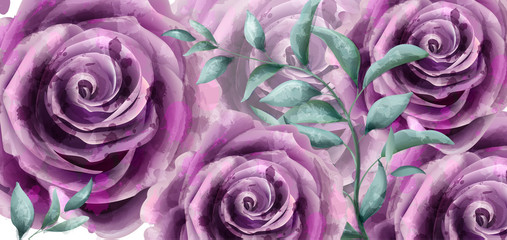 Rose flowers watercolor banner poster Vector. Beautiful vintage purple colors floral decors