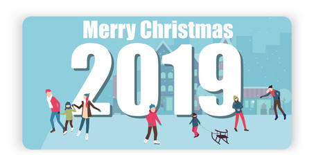 Merry Christmas 2019 greeting card with people skating on the ice rink.