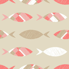 Seamless pattern with fishes in the sea. Cute cartoon. Brushwork. Hand hatching. Doodle. Can be used for wallpaper, textile, invitation card, wrapping, web page background. - obrazy, fototapety, plakaty