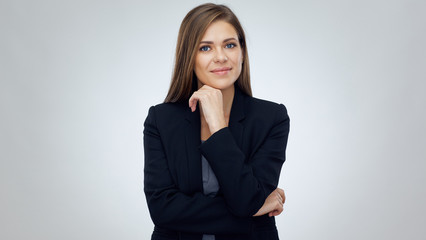 Business woman wearing black suit.