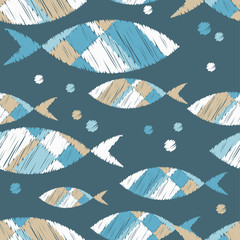 Seamless pattern with fishes in the sea. Cute cartoon. Brushwork. Hand hatching. Doodle. Can be used for wallpaper, textile, invitation card, wrapping, web page background. - obrazy, fototapety, plakaty