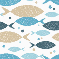 Seamless pattern with fishes in the sea. Cute cartoon. Brushwork. Hand hatching. Doodle. Can be used for wallpaper, textile, invitation card, wrapping, web page background.