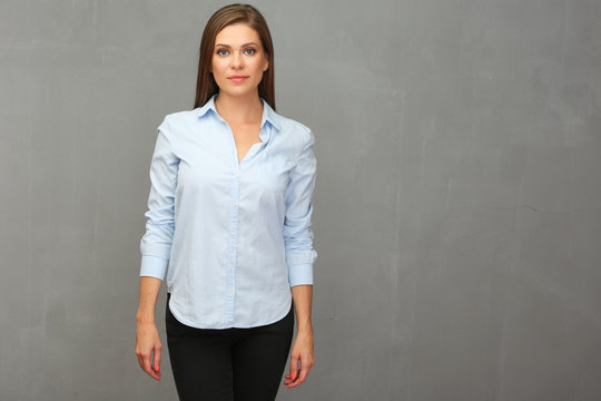 Business woman dressed in blue shirt