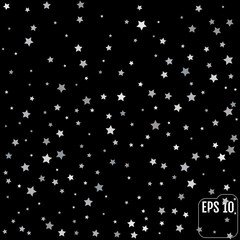 Silver stars falling from the sky on black background. Abstract Background. Glitter pattern for banner. Vector illustration.