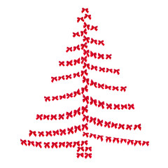 Red bows lined up in the shape of a Christmas tree, isolate on a white background. Concept for a holiday card.