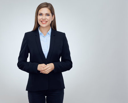 Smiling young business woman wearing black suit