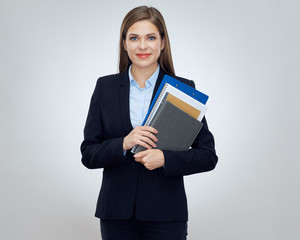 Happy woman teacher or student holding book.