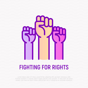 Fighting for rights thin line icon: three raised hands with fists. Modern vector illustration of revolution.