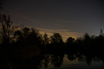 Obraz na płótnie Canvas Trees and stars reflected on the surface of a lake at night with light pollution from a nearby town