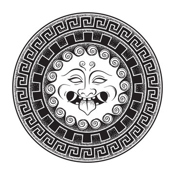 Medusa Gorgon head on a shield hand drawn line art and dot work tattoo or print design isolated vector illustration. Gorgoneion is a protective amulet.