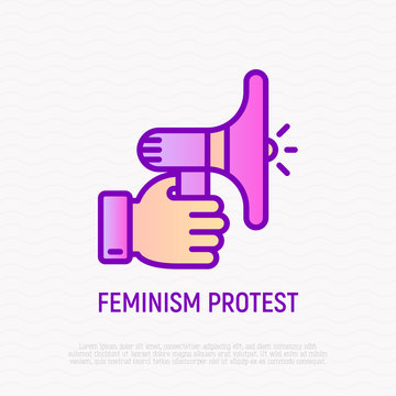 Feminism protest: hand with bullhorn thin line icon. Modern vector illustration.