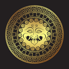 Medusa Gorgon golden head on a shield hand drawn line art and dot work print design isolated vector illustration. Gorgoneion is a protective amulet.