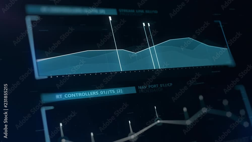 Poster animated background with holographic financial data and diagrams appearing in virtual space