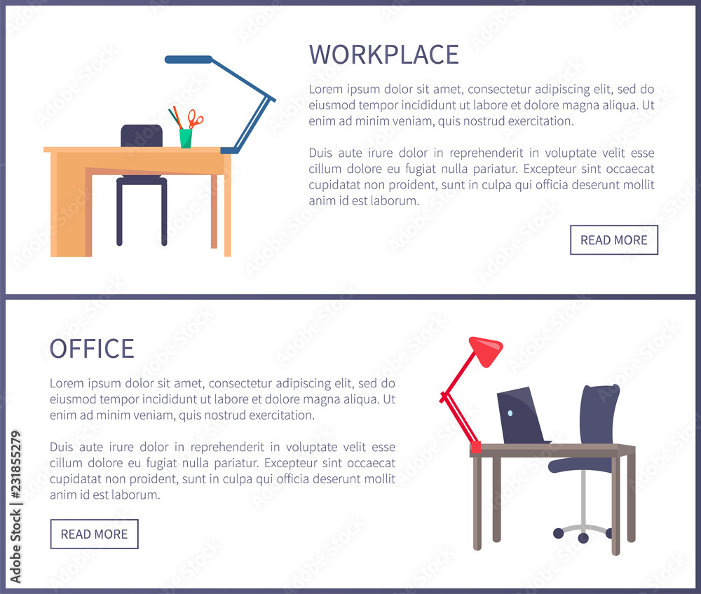 Poster office workplace web posters set with empty tables