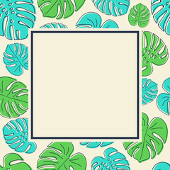 Layout of a card with copyspace and hand drawn tropical leaves in retro style. Vector.