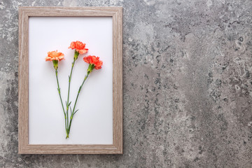 Concrete wabi sabi background with a wooden frame with pink carnations and copy space