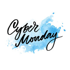 Vector illustration of Cyber Monday text for card banner. Handwritten calligraphy Cyber monday tag badge template. Lettering typography illustration