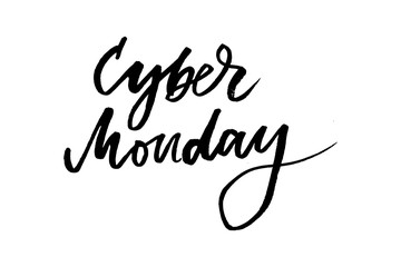 Vector illustration of Cyber Monday text for card banner. Handwritten calligraphy Cyber monday tag badge template. Lettering typography illustration