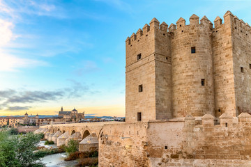 Fototapeta na wymiar Mosque-Cathedral and the Roman Bridge with Callahora Tower (Torre de la Calahorra) at sunset in Cordoba, Andalusia, Spain