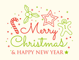 Decorative Christmas card with seasonal ornaments. Vector.