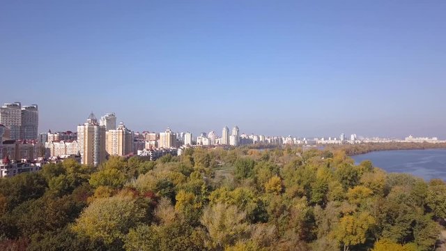 Aerial: Obolonska Quay in Obolon district in Kiyv, autumn time