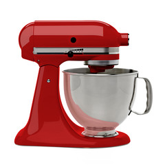 Red stand mixer from side on white background including clipping path