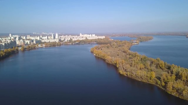Aerial: Obolonska Quay in Obolon district in Kiyv, autumn time