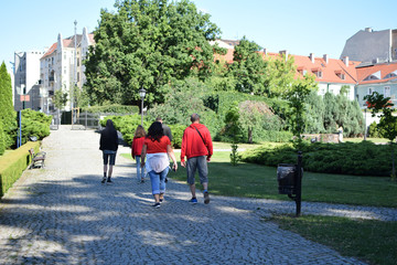 Group of people walking along city park in summer morning back view. Family vacation travel and tourism concept.