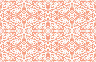 Floral pattern. Vintage wallpaper in the Baroque style. Seamless vector background. White and pink ornament for fabric, wallpaper, packaging. Ornate Damask flower ornament