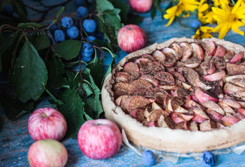 Apple pie on wooden blue rustic