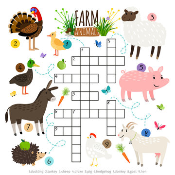 Crossword for kids with farm animals, vector illustration