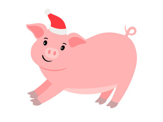 Happy cartoon pink pig in santa hat, vector illustration