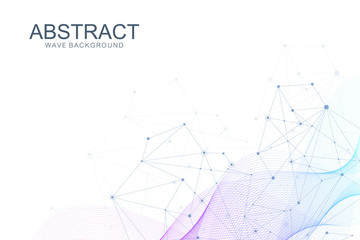 Abstract plexus background with connected lines and dots. Wave flow. Plexus geometric effect Big data with compounds. Lines plexus, minimal array. Digital data visualization. Vector illustration