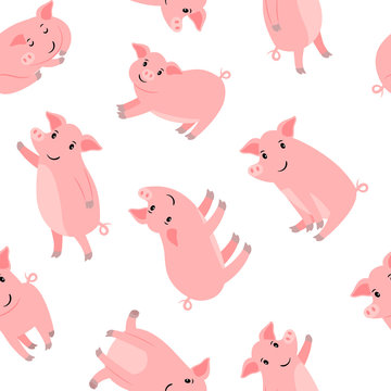 Happy cartoon pink pigs pattern with white background, vector illustration
