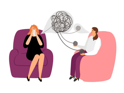 Psychotherapy concept illustration with female patient and doctor, vector illustration