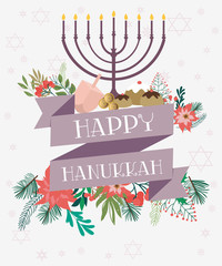 Happy Hanukkah greeting card with candle and decor. Editable vector illustration