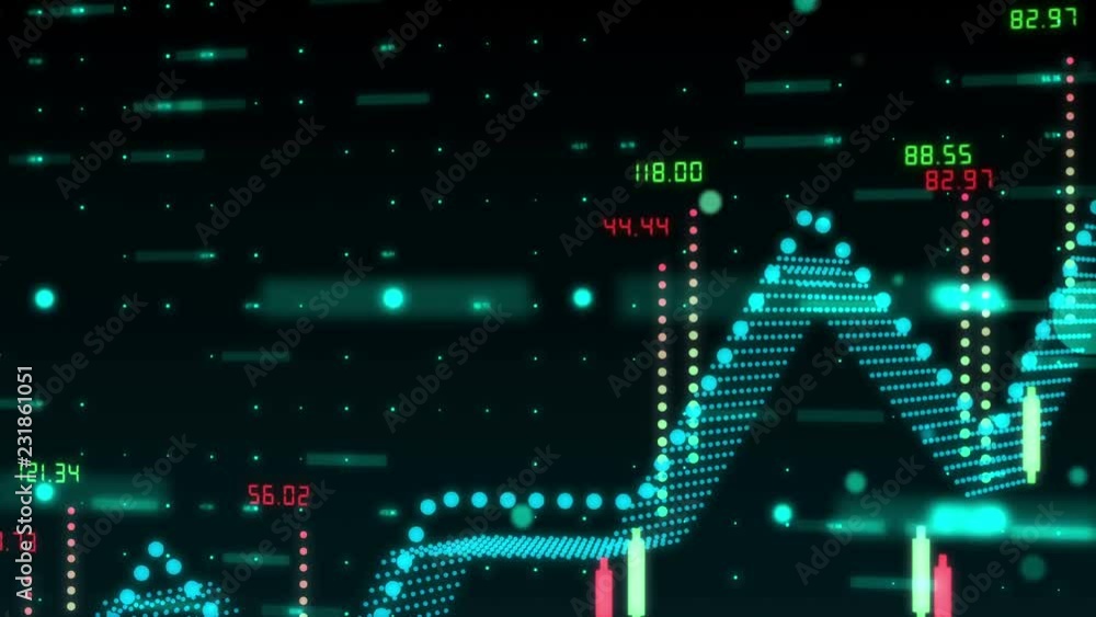 Poster digitally animated background with 3d financial bar graph made of holographic dots and figures illus