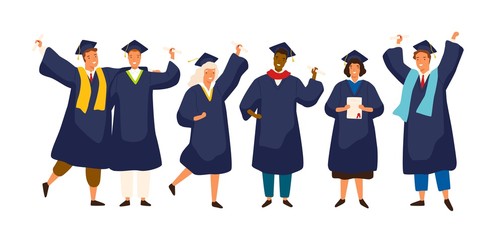 Group of happy graduated students wearing academic dress, gown or robe and graduation cap and holding diploma. Boys and girls celebrating university graduation. Flat cartoon vector illustration.