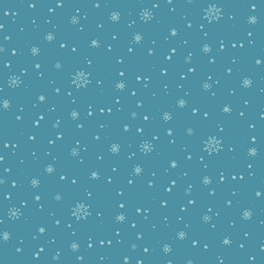 Winter christmas seamless pattern with small blue snowflakes on blue background