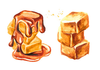 Caramel set. Watercolor hand drawn illustration, isolated on white background