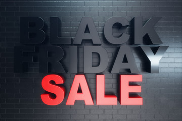 Black Friday, sale message for shop, big discount. Black Friday banner on brick wall. Banner for black friday sales. Huge discounts, promotions, coupons. 3D illustration