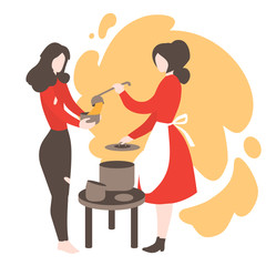 Cartoon female volunteer feeding poor homeless. Flat woman giving food to beggar. Charity, Voluntary altruistic activity. Donation and volunteering