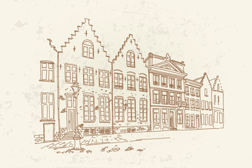 Vector sketch of Traditional architecture in the town of Bruges (Brugge), Belgium. Artistic retro style.