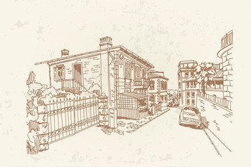 vector sketch of street scene in Opatija. Croatia.