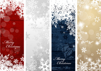 Set of four colorful Christmas background banners with snowflakes and simple Merry Christmas text - vertical version