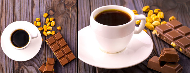 set of mug of coffee and chocolate with nuts